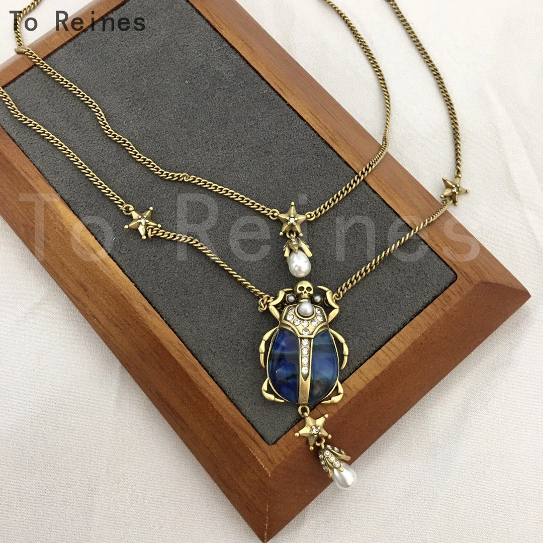 To Reines 2023 New Blue Beetle Double Layer Necklace Women Luxury Jewelry Fashion Design Pearl Pendant Ladies Charm Accessories