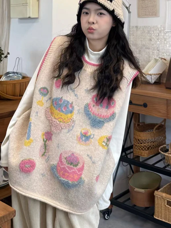 Authentic Vintage Knitted Sleeveless Sweater Vest Small Cake Design Overhead Style Women's Inner Wear Casual round Neck Top
