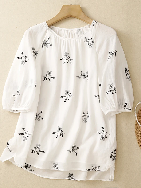 Camisa de lino y algodón blanca bordada con flores, estilo chino, cuello redondo, botones, manga farol, top de verano que cubre la figura para mujer