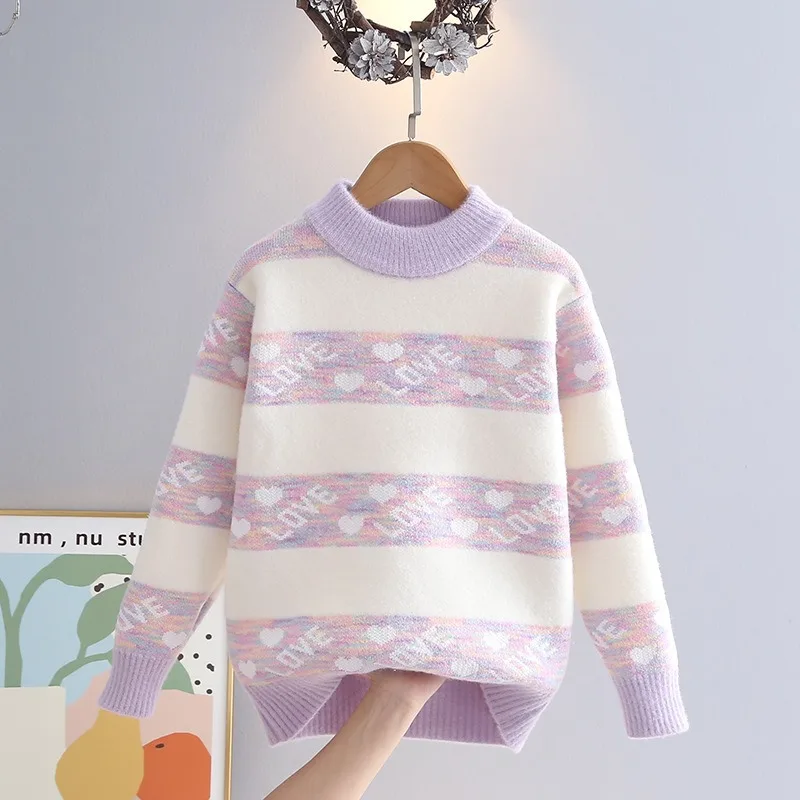 Colorful Contrasting Heart-shaped Girls' Kids Sweater Children's Knitted Warmth Worn Base Layer Girl Kids' Round-neck Sweater
