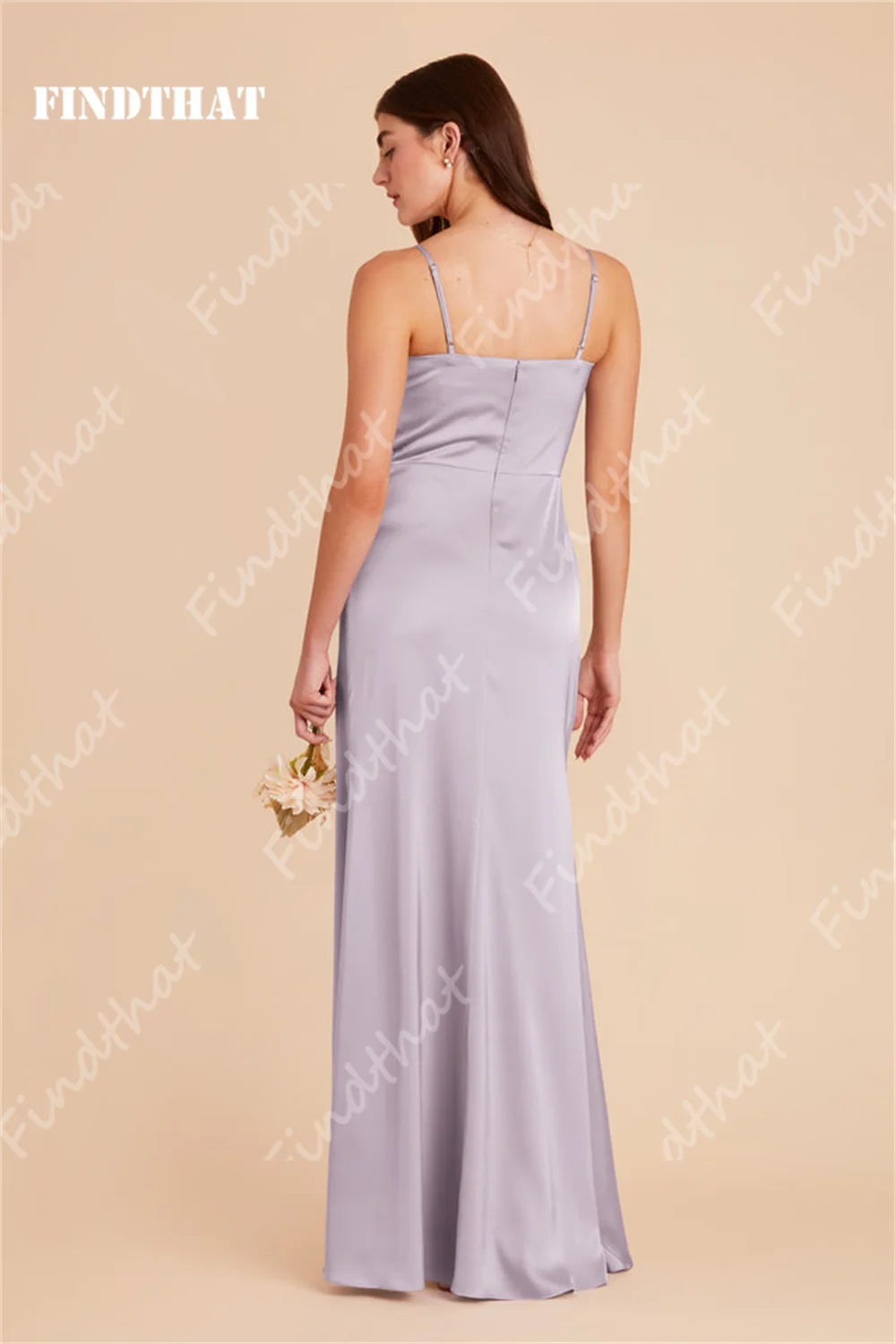 Findthat Simple Bridesmaids Prom Dresses 2024 Spaghetti-Straps Ruched Satin Side Slit Party Evening Gowns Wedding Guest Dresses