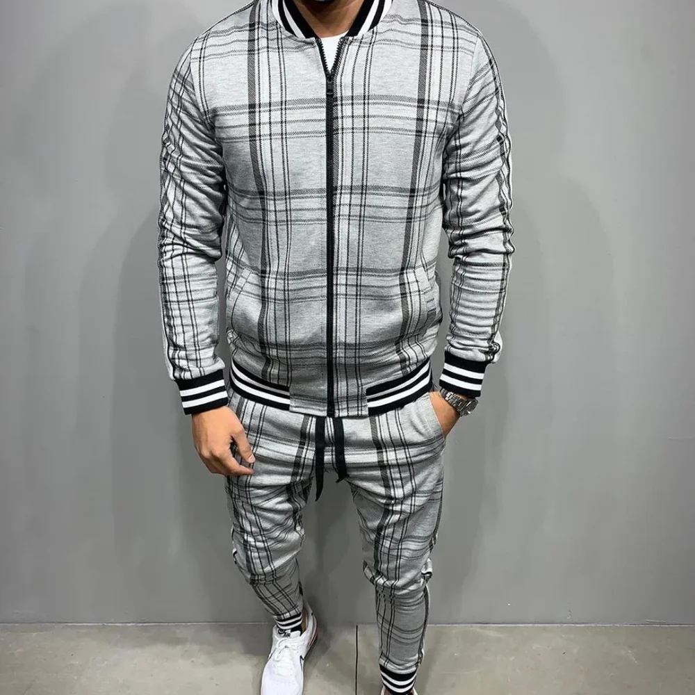 New Tracksuit Men Sportsuits Gentlemen Set Zipper jacket suit Long Sleeve stripe Coat+Pants Gyms Men Set Casual Sportswear Suit