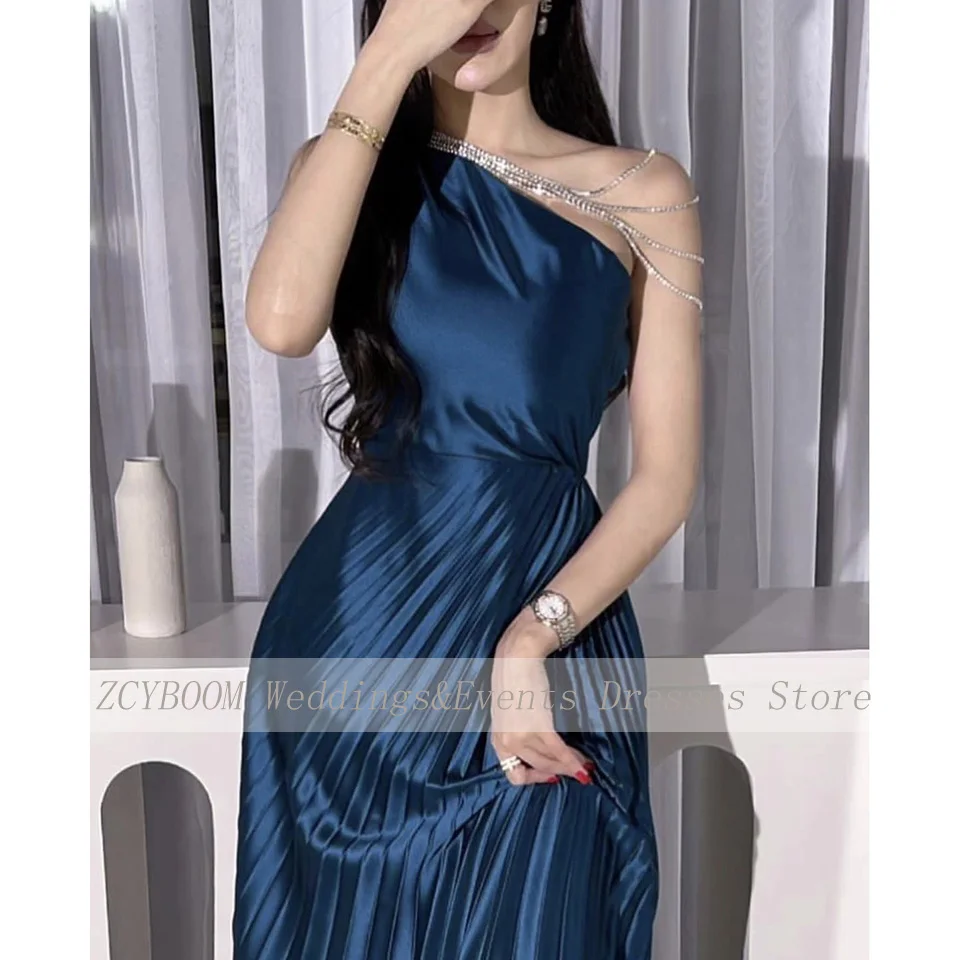 Charming Navy Blue One-Shoulder Beaded Evening Dress 2025 A-Line Floor Length Sleeveless Stain Zipper Custom Made Formal Gown