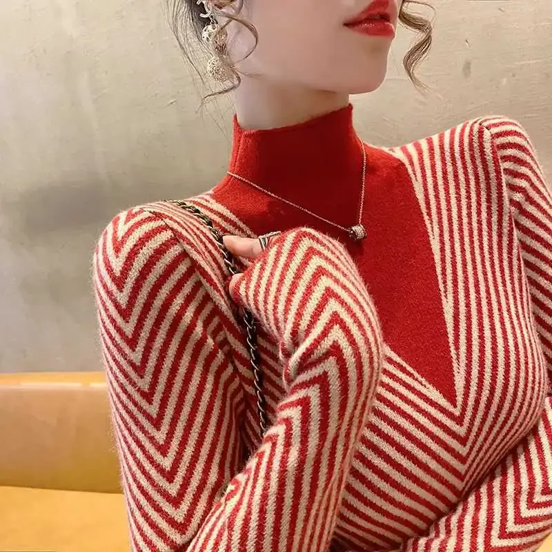 Women Clothing Fashion Slim Fake V-neck Knit Pullovers Autumn Winter Vintage All-match Mock Neck Sweaters Office Lady Y2k Tops