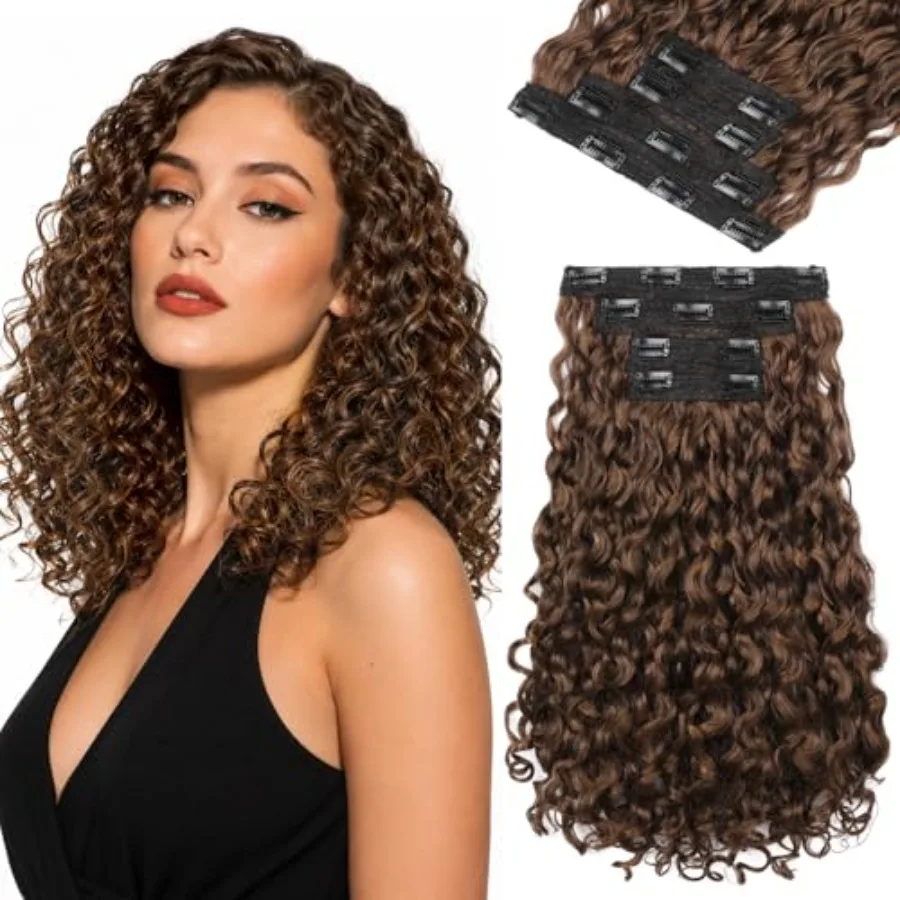 

Curly Hair Extensions - 4PCS 10" GoGo Curly Clip in Hair Extensions 100% Super Protein Hairpieces with Invisible Lace Weft Silk