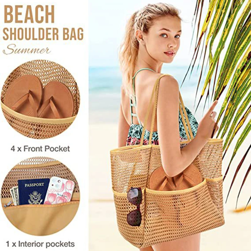 Bolsa de praia de grande capacidade com um ombro para homens e mulheres, sacola, malha, portátil, lavagem, natação, roupas, armazenamento, sair, verão