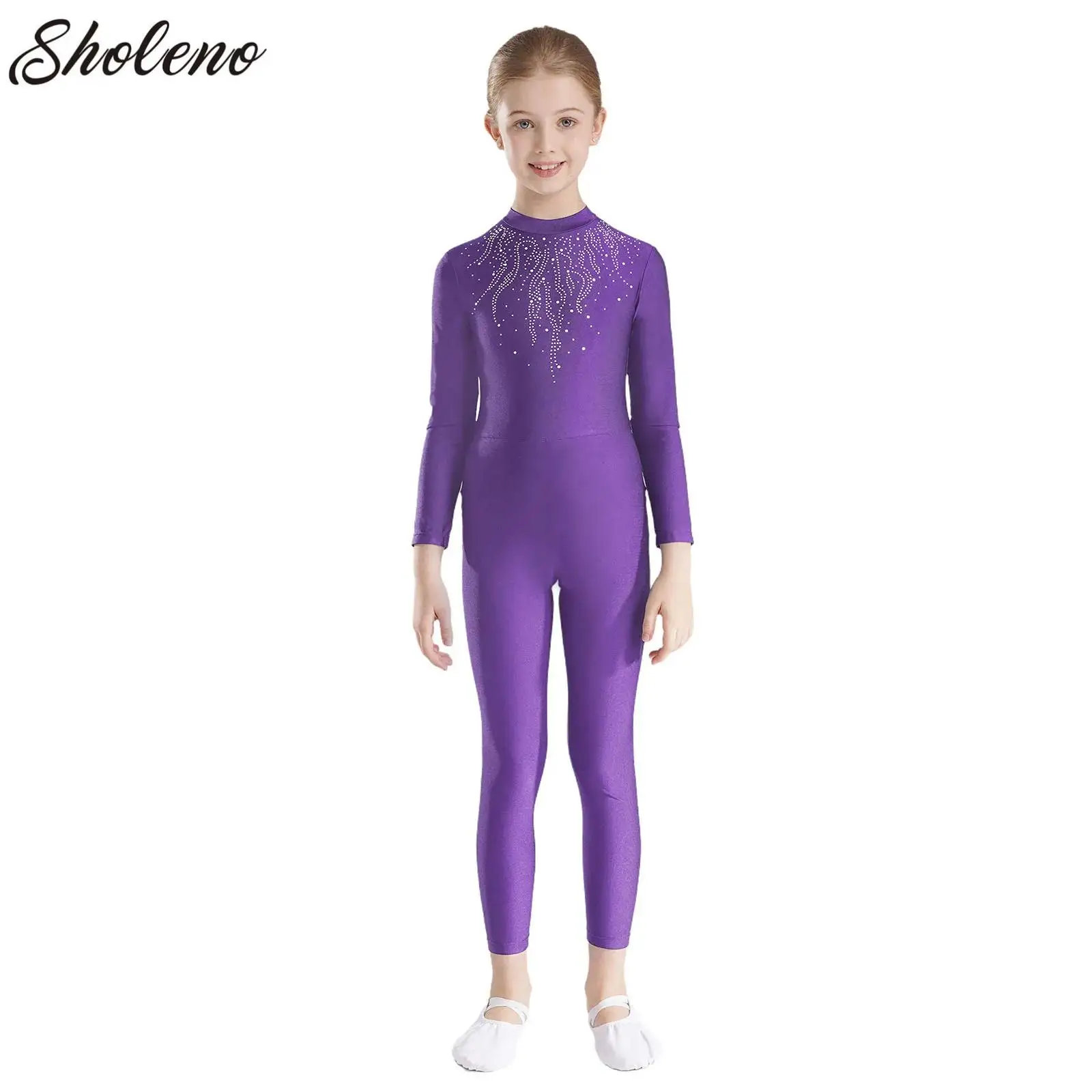 子供用ラインストーン付き長袖レオタード,女の子用体操ジャンプスーツ,バレエダンス,フィギュアスケート,トレーニングパフォーマンスウェア