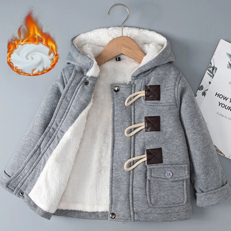 

Boys Fleece-lined Wool Coats Children Hooded Winter Warm Jackets Kids Fashion Plush Velvet Outerwear Toddler Paddded Clothing