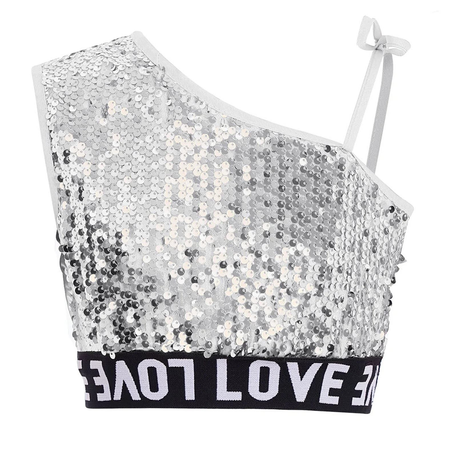 

Kids Girls Hip-Hop Jazz Dance Top Lace-up One Shoulder Sleeveless Shiny Sequins Vest Letter Printed Hem Tank Crop Top Streetwear