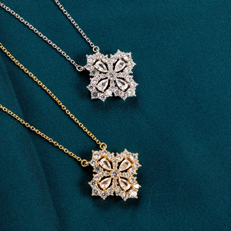 S925 Silver 18K Gold Plated D Color Four-Leaf Clover Snowflake Moissanite Pendant Necklace, Elegant Fine Jewelry Gift