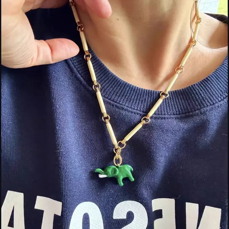 French Simple Bamboo Elephant Pendant Fresh Versatile Green Elephant Necklace Chinese Enamel Removable Necklace Female