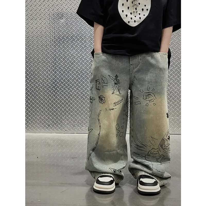 

Children's Trousers 2024 Spring New Boys' and Girls' Printed Jeans Baby Casual Trousers Tide