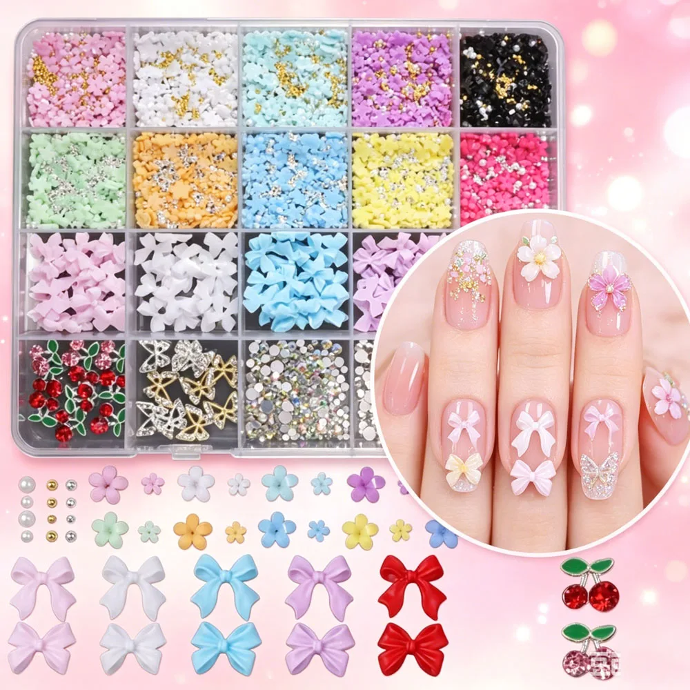 12/24 Gitter 3D Bunte Blumen-Schleifen-Nagelanhänger, gemischte Edelsteine, Perlen, Legierung, Schmetterlinge, Kirschen, Nageldekorationen, DIY-Maniküre-Teile – Detail 4