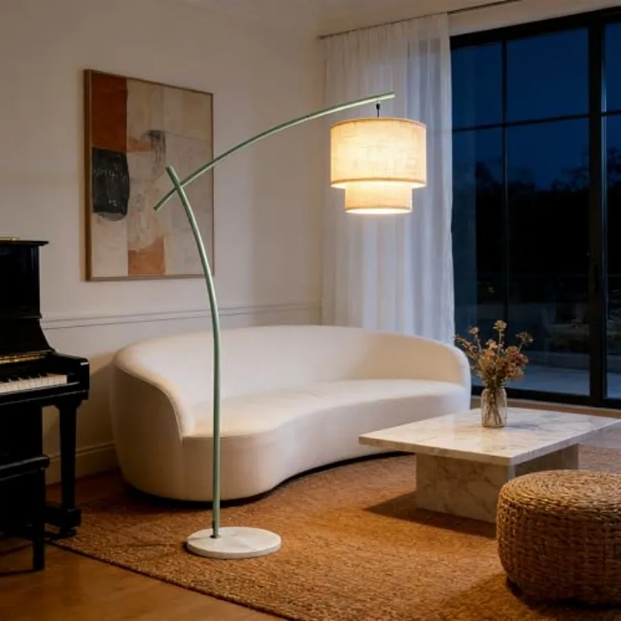 

Arc Floor Lamp for Living Room Modern Standing Tall Lamps with Double Linen Lampshade Tall Hanging Pole Lamp with Bulb Included
