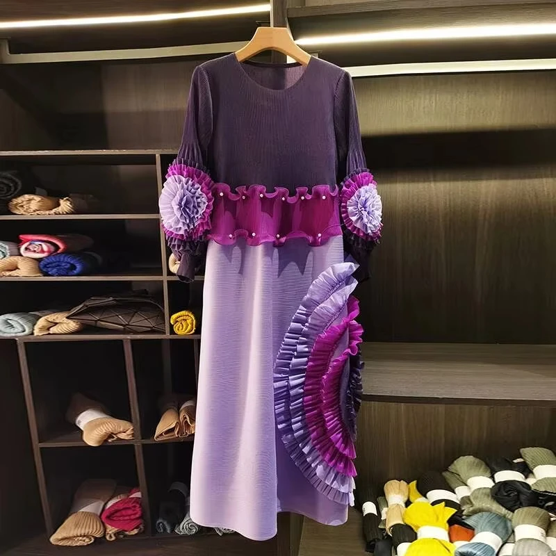 ANLAN New Miyaki Pleated Tie Flower Long Sleeve Women's Dress Chic New Loose Colorblock Patchwork Design Beading Famale Clothing