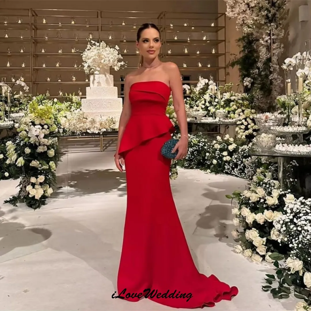 فساتين لحضور الحفلات الموسيقية بدون حمالات حمراء مخصصة 2025 فستان زفاف للنساء الضيوف حورية البحر فساتين سهرة أنيقة سويب تراين فساتين رسمية