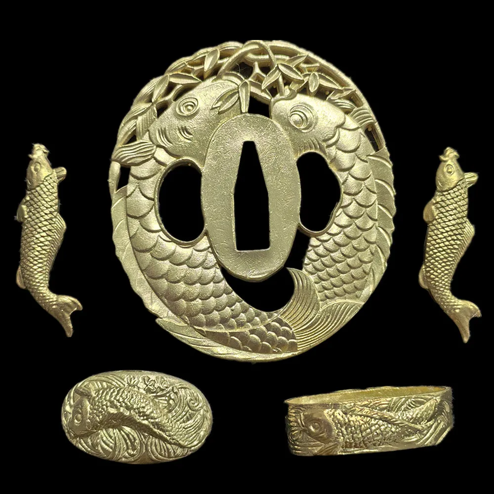 Copper Brass A Set Fish Tsuba Fuchi Kashira Menuki Fittings For Japanese Samurai Katana Wakizashi Sword Accessory