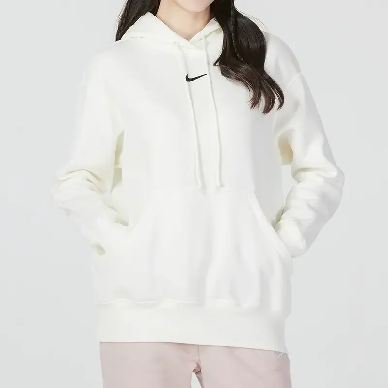Nike Kangaroo Pocket Trainning Sport Sweaters Brand Logo Print Women White Hoodie DQ5861-133