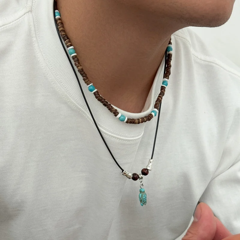 Natural Coconut Shell Men Necklace Tropical Beach Vacation Style Pendant Choker Jewelry for Summer Outfit Casual Styling - view 3