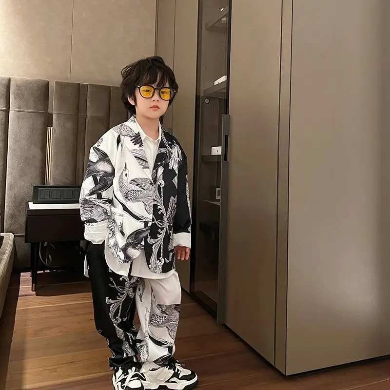 Boys' Suit 2024 Spring And Autumn New Middle And Large Children China-Chic Style Chinese Monochromes Coat Trousers Two-piece Set