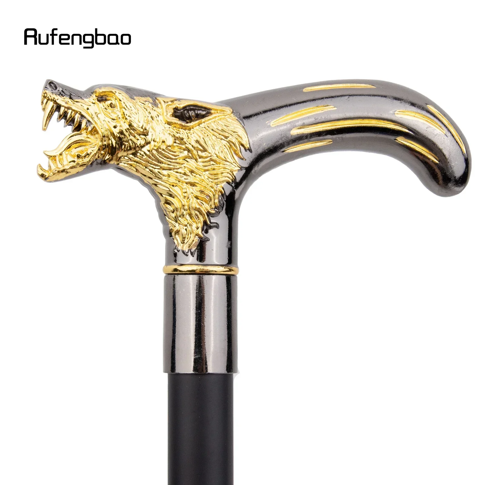 Cabeça de lobo preto dourado mordendo bengala moda decorativa vara cavalheiro desempenho cana 92cm desempenho palco cana