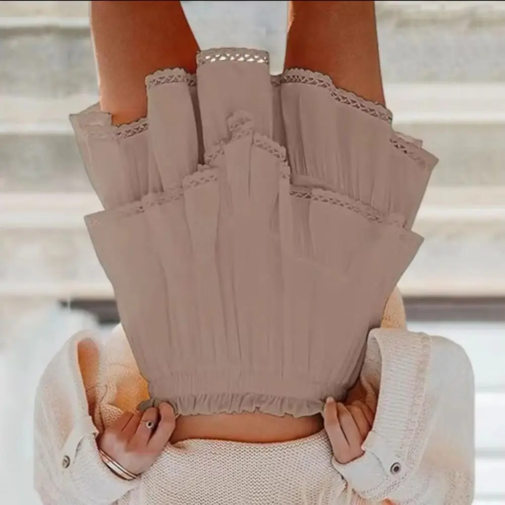 Mini Skirt with Hollow Crochet Design High-Waisted Style Double Layer Ruffle Hem Short Skirt Solid Color Cake Skirt