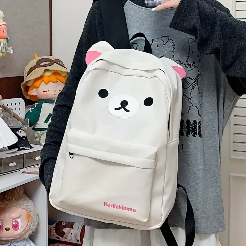 Rilakkuma Kawaii Cartoon Backpack Waterproof Nylon Large Capacity Embroidery School Bag For Young Adult Daily Travel Campus Work gallery 5