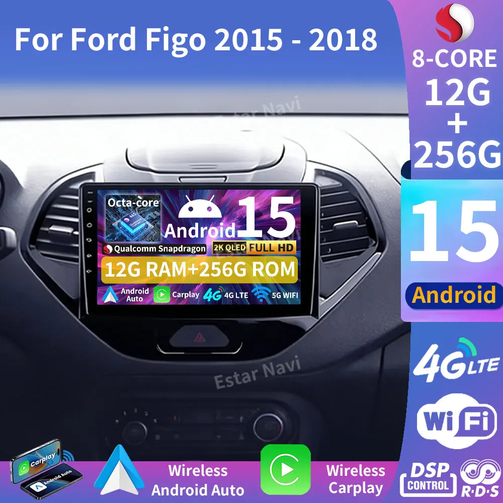 Radio para Auto Android 15 con GPS, Carplay, Android Auto, Reproductor Multimedia, Video, DSP, Navegación, Unidad Principal Estéreo para Ford Figo 2015-2018