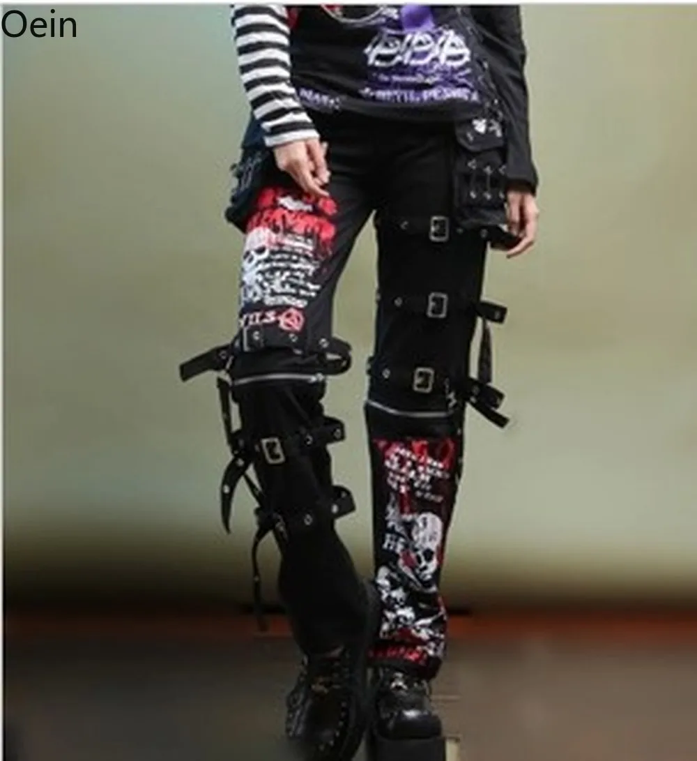 Fashion Mens Dance Clubwear Punk Belt Buckle Printed Hip Hop Gothic Skull Chains Pants Trousers Graffiti Straight Sz