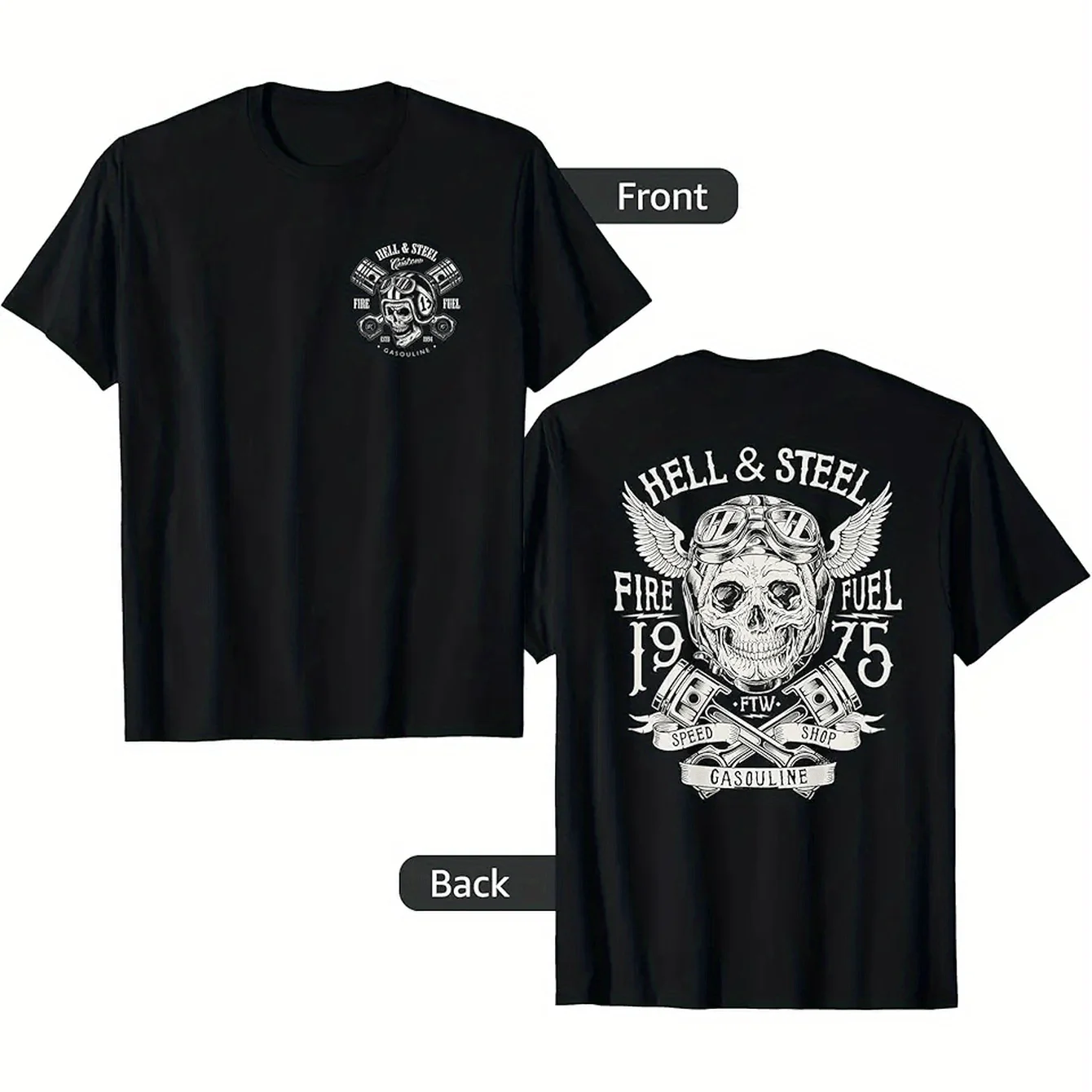 

Gasouline 2 Sided Hell and Steel Skull Pistons Vintage Motorcycle T-Shirt Casual Round Neck Short Sleeve Tee