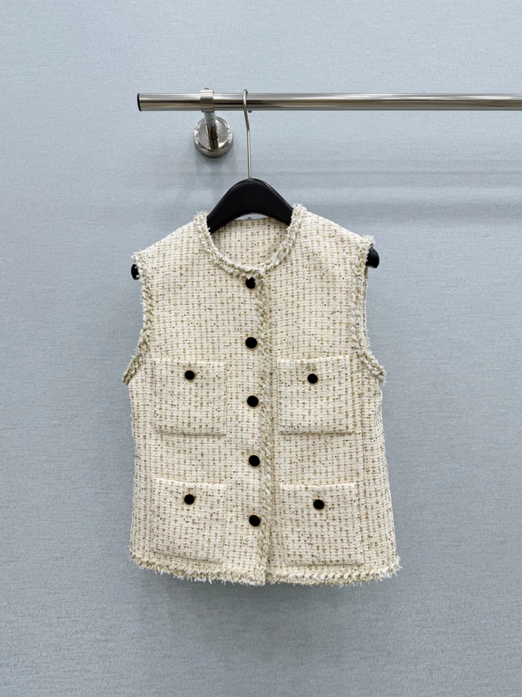 Spring Summer Fashion Daily Casual Coarse Wool Fabric Waistcoat Women's O-Neck Sleeveless Multi Pocket Straight Barrel Coat