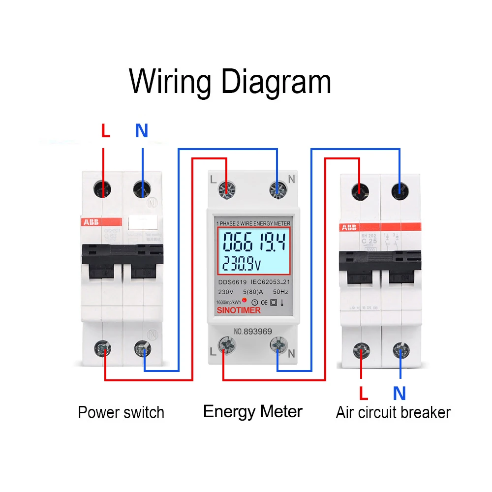 Backlit Single Phase Two Wire LCD Digital Display Wattmeter Power Consumption Energy Meter kWh AC 230V 220V 50Hz Din Rail