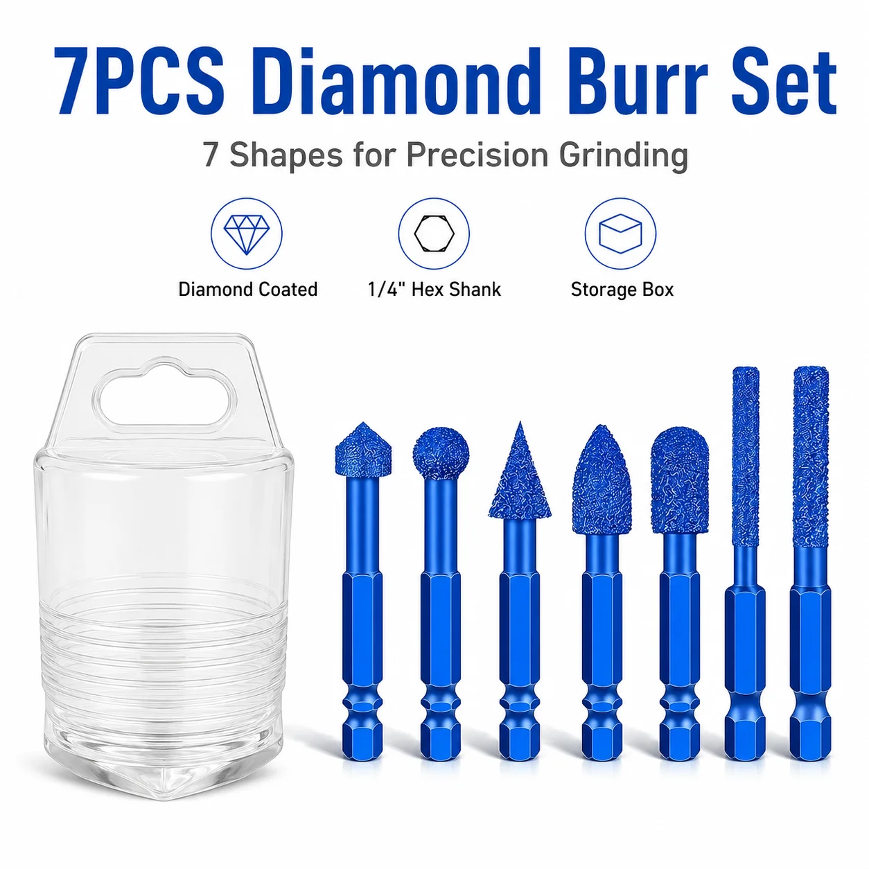 7Pcs Diamond Burr Set 1/4