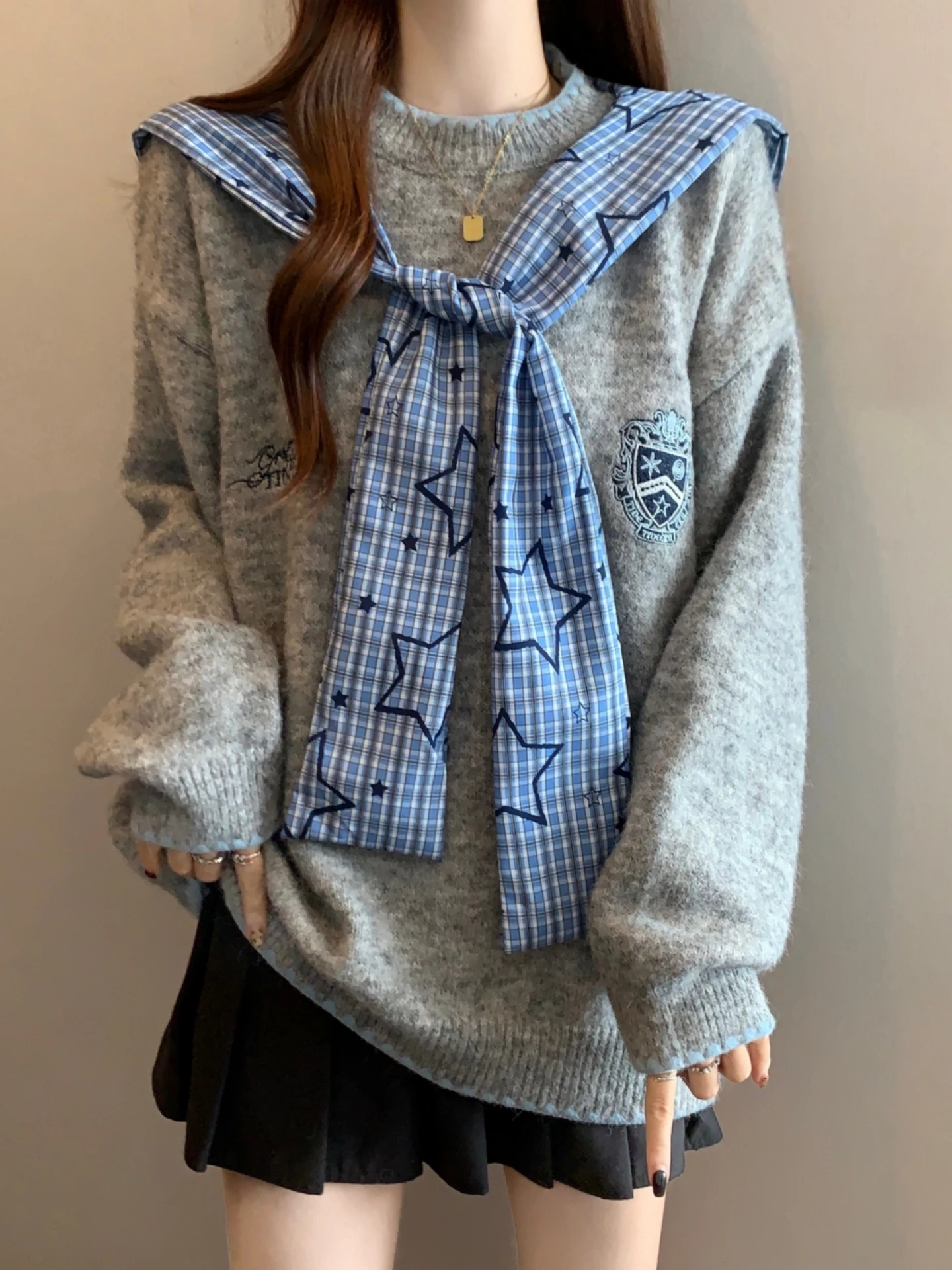 

Women's Knitted Base Shirt Sweater Spring Autumn Plaid Hooded Shoulder Wrap Two-Piece Set plus Size Comfortable Soft Korean S...
