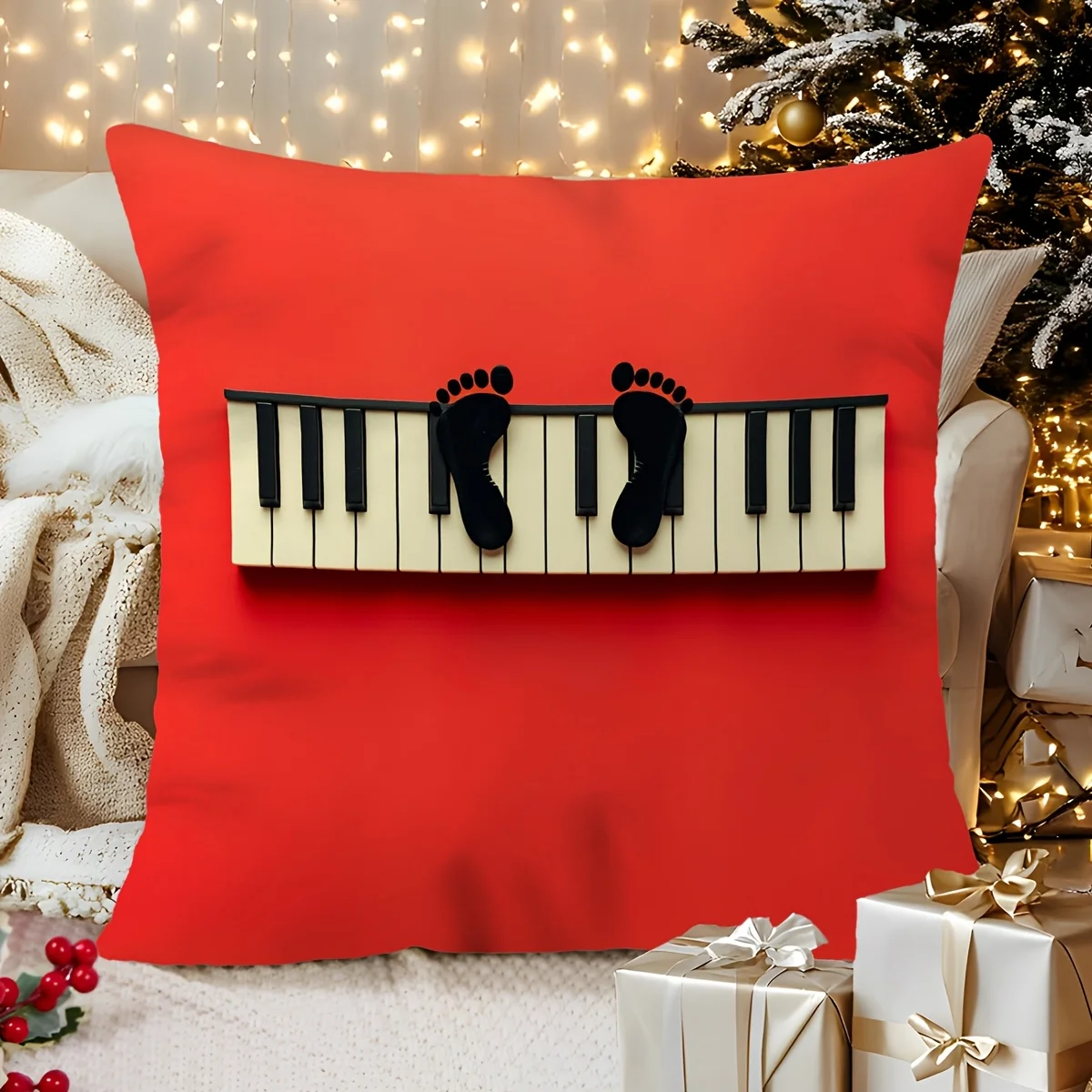 Stylish Red Piano Keys Footprint Throw Pillow Cushion Novelty Music Lover Accent Decor Gift Square 45x45cm Bedroom Living Room C