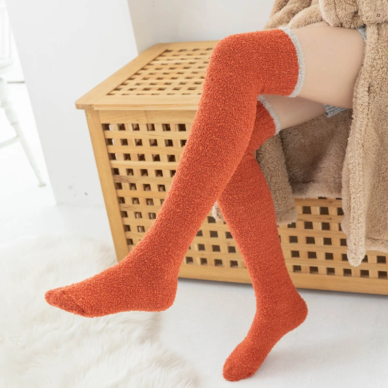 Long Winter Women Socks Warm Thigh High Stockings Coral Fleece Soft Fluffy Over Knee Socks Solid Candy color Sock Calcetines