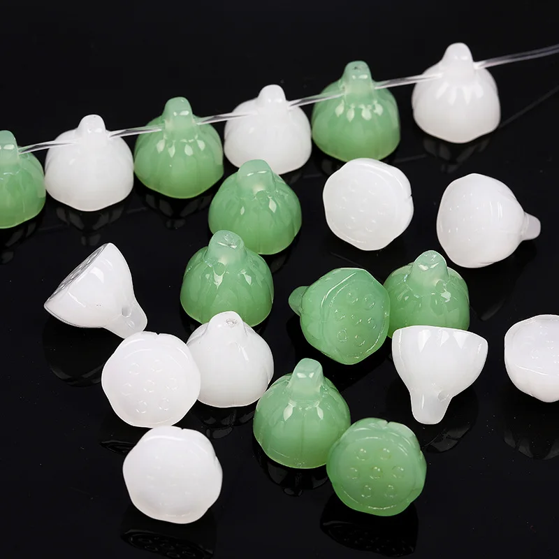 

100PCS 12.5x12mm Green White Glaze Glass Imitation Jade Lotus Seedpod Beads Charms Pendant DIY Hand Chain Necklace Accessories