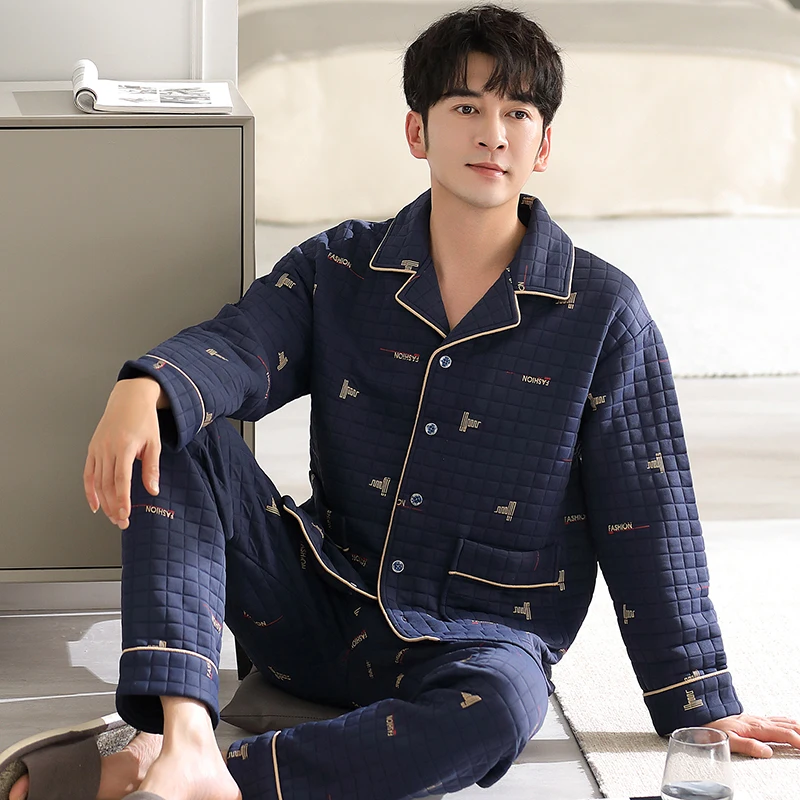 Printed men's autumn and winter laminated air cotton pyjamas3 layers thin quilted cardigan lapel style men's pajamas homewear