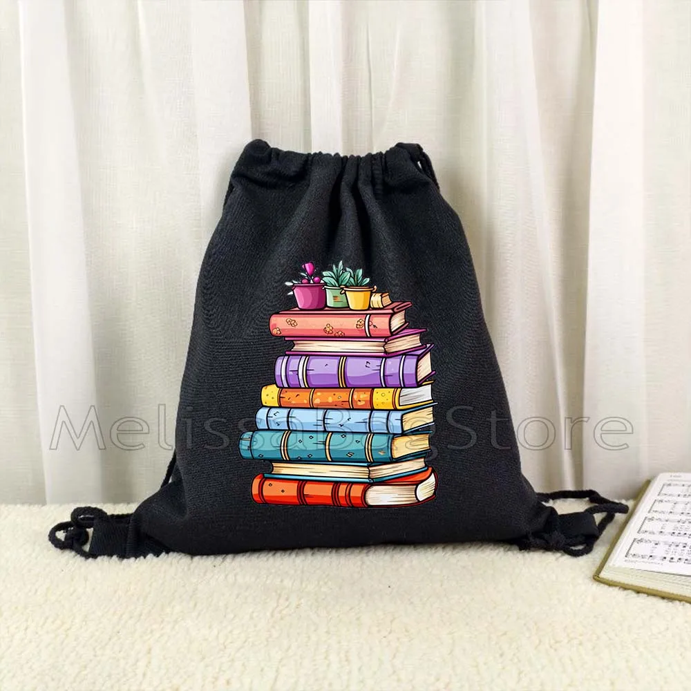 Aesthetic Floral Stack of Books Coffee Flowers Book Quotes Reading Cute Gifts Canvas Drawstring Bag Backpack Gym Sports Sackpack