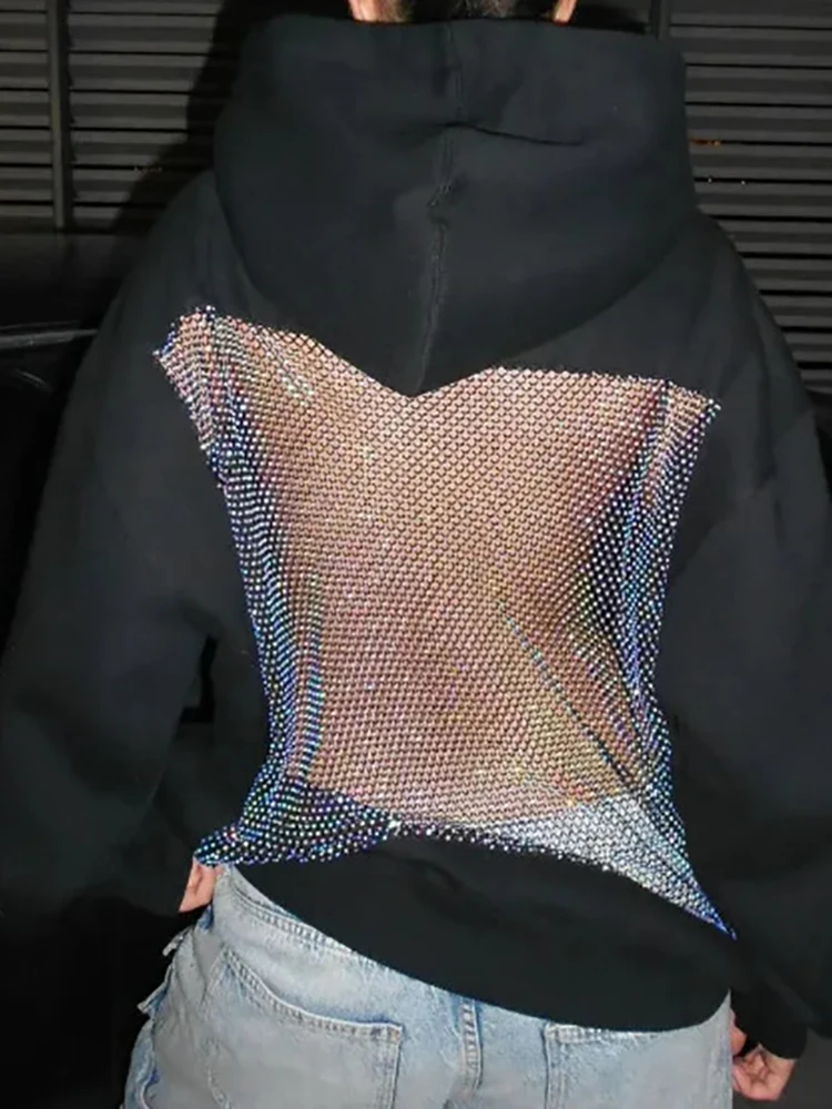 هوديس أنيق أنيق مفرغ، بلوزات بسيطة بأكمام طويلة للربيع والخريف للسيدات، بلوفرات فضفاضة مرقعة شبكية لعام 2025