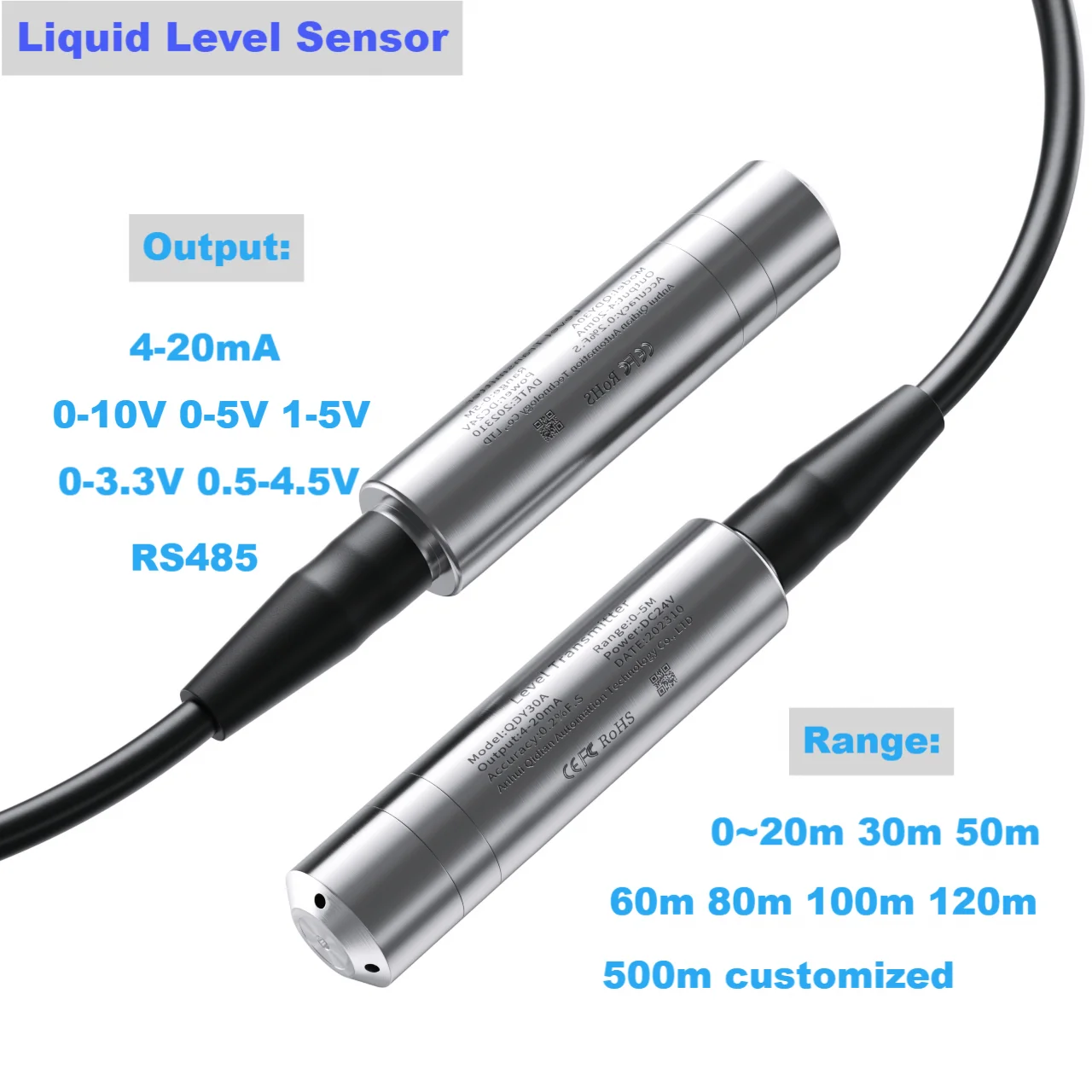 75m Liquid Level Sensor Transmitter for Tank Deep Well 4-20mA 100M 110M 120M 80M 90M Range Submersible Water Level Transducer