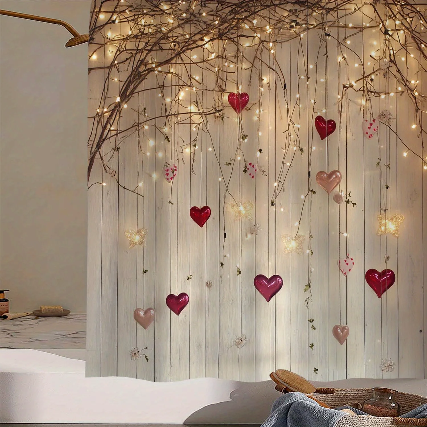 

Романтические светящиеся гирлянды в виде сердечек для душевой занавески, на деревянном фоне, простые в уходе, для декора ванной комнаты, с крючками.