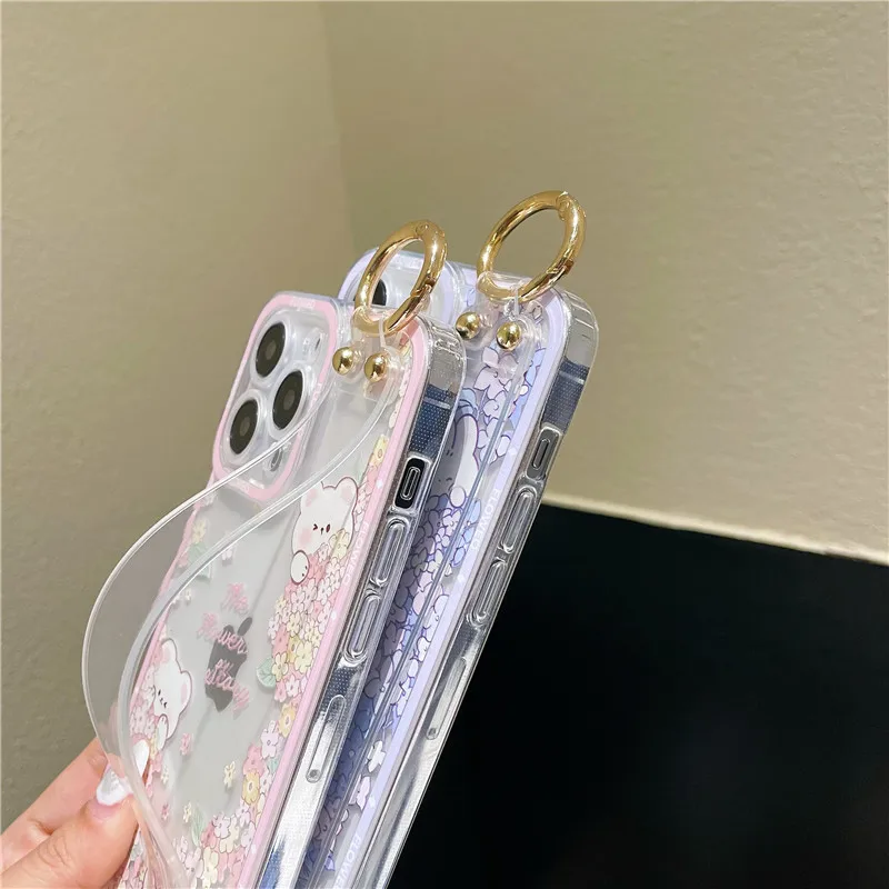 for Huawei Pura 70 Pro P60 P50 P40 P30 P20 Lite Mate 20 Case Cute Flower Rabbit Transparent Phone Holder Wrist Strap Cover Fudna