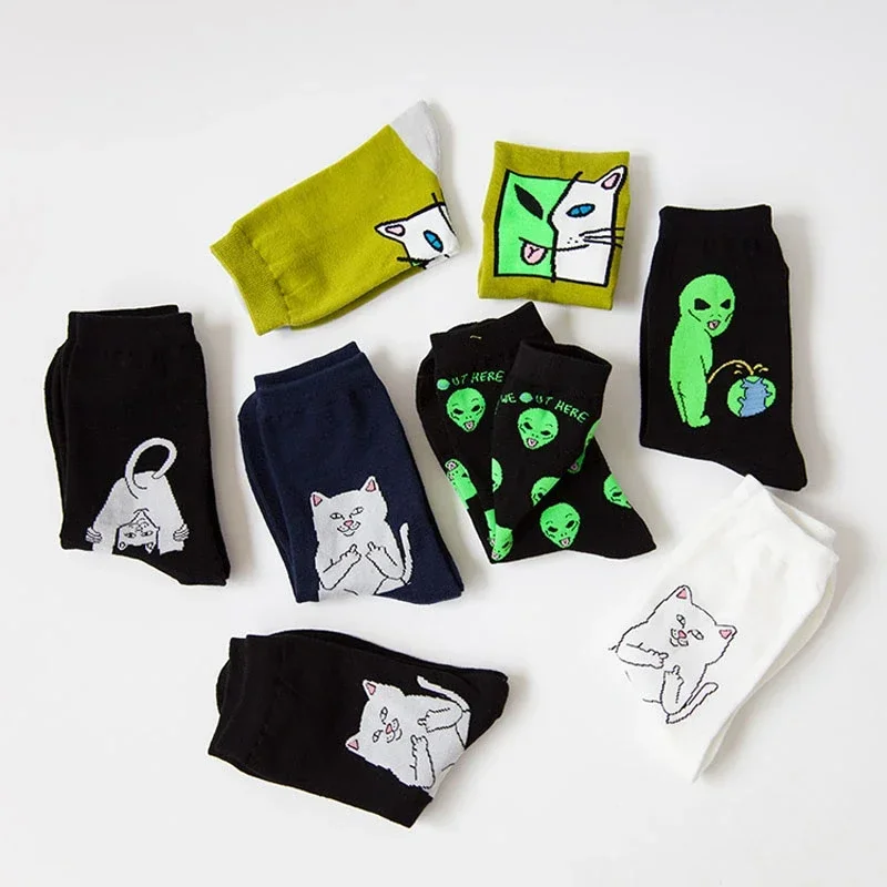 5Pairs Funny Alien Printed Women Cotton Socks Planet Creative Funny Cartoon Cat Ladies Sock For Hight school Girls Soft Cozy