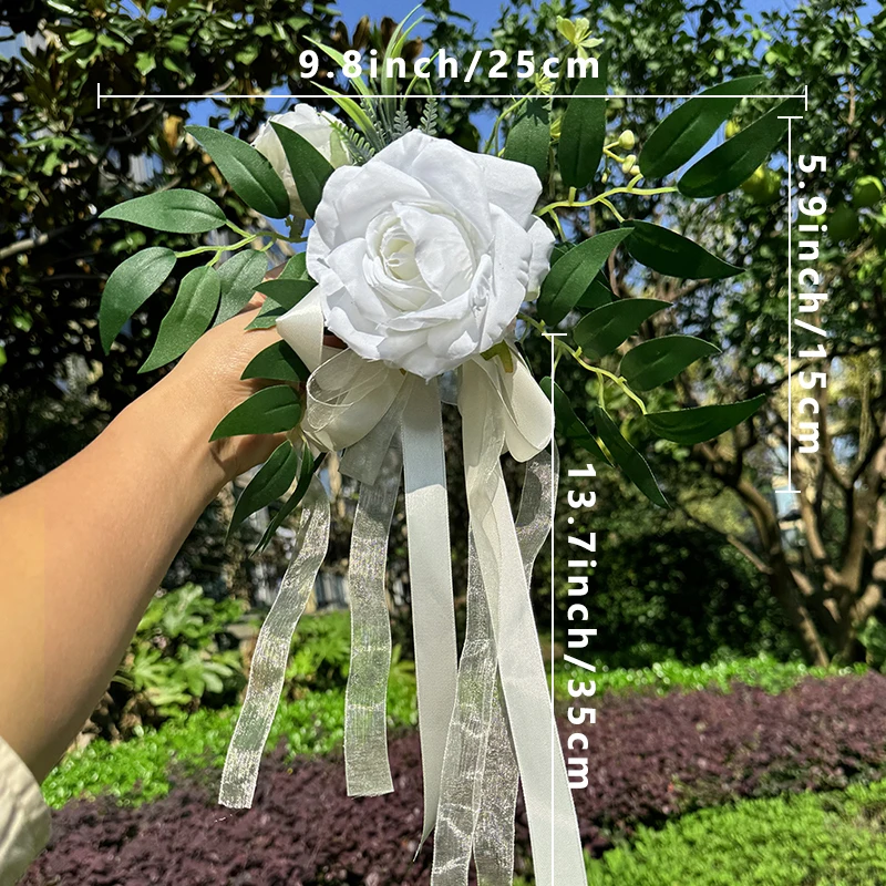 1PC Wedding Car Rearview Mirror Flower Artificial Rose Ribbon Wedding Aisle Backrest Flower Decoration Simulation Flower