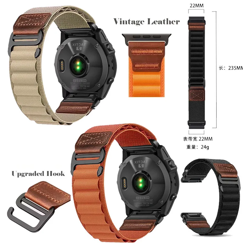 Quick Fit 26/22/20mm Alpine Nylon Strap for Garmin Quatix/Fenix 8 51-47mm Sports Wristband Tactix8/T-Rex Ultra 2 51mm/Instinct 3