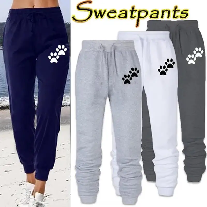 New Arrival Women's Cute Cat Paw Print Fleece Lined Long Joggers, Casual Sports Fitness Cuffed Sweatpants