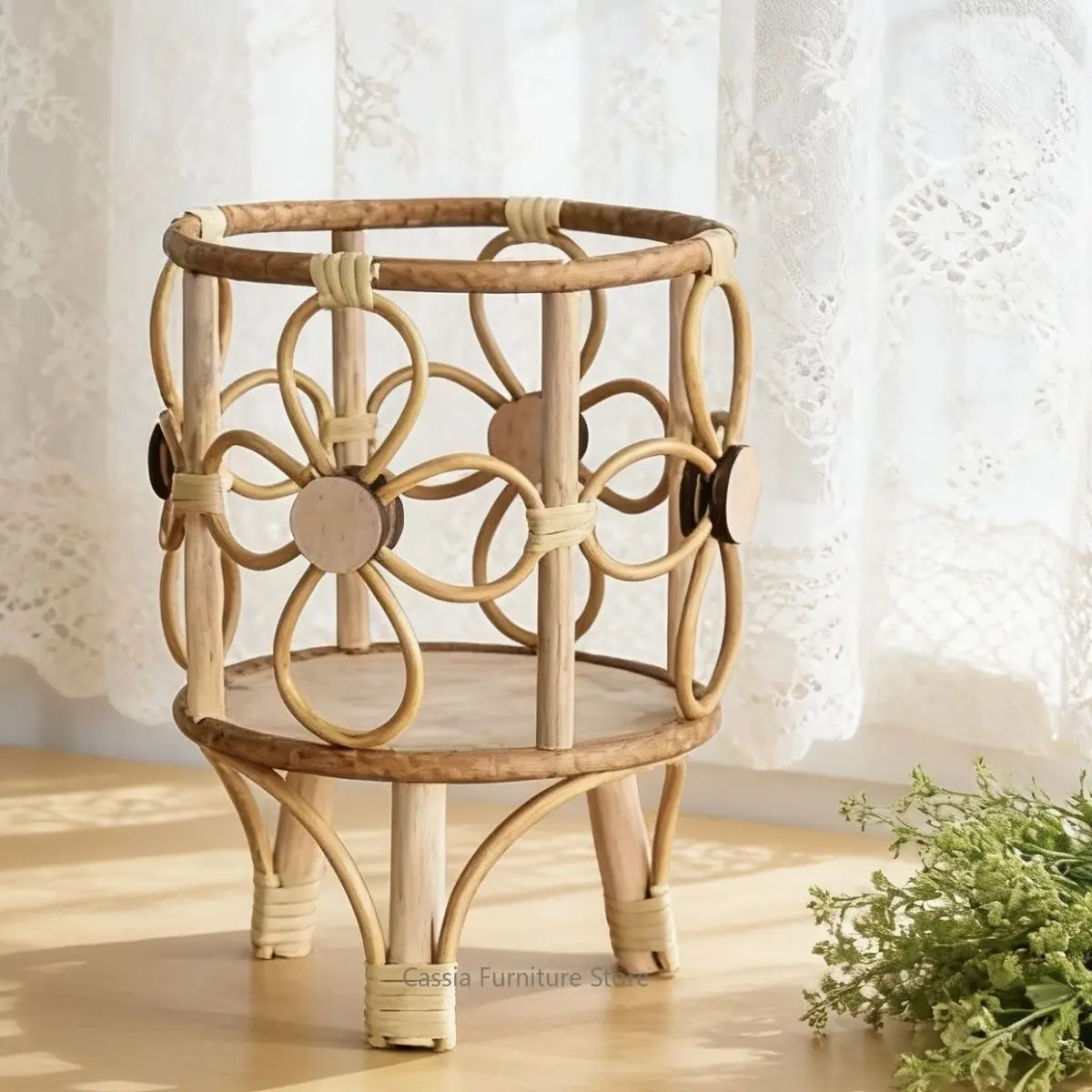Rattan Floor Flower Stand for Balcony, Woven Plant Basket for Living Room, Rustic Natural Fiber Holder for Indoor Greenery