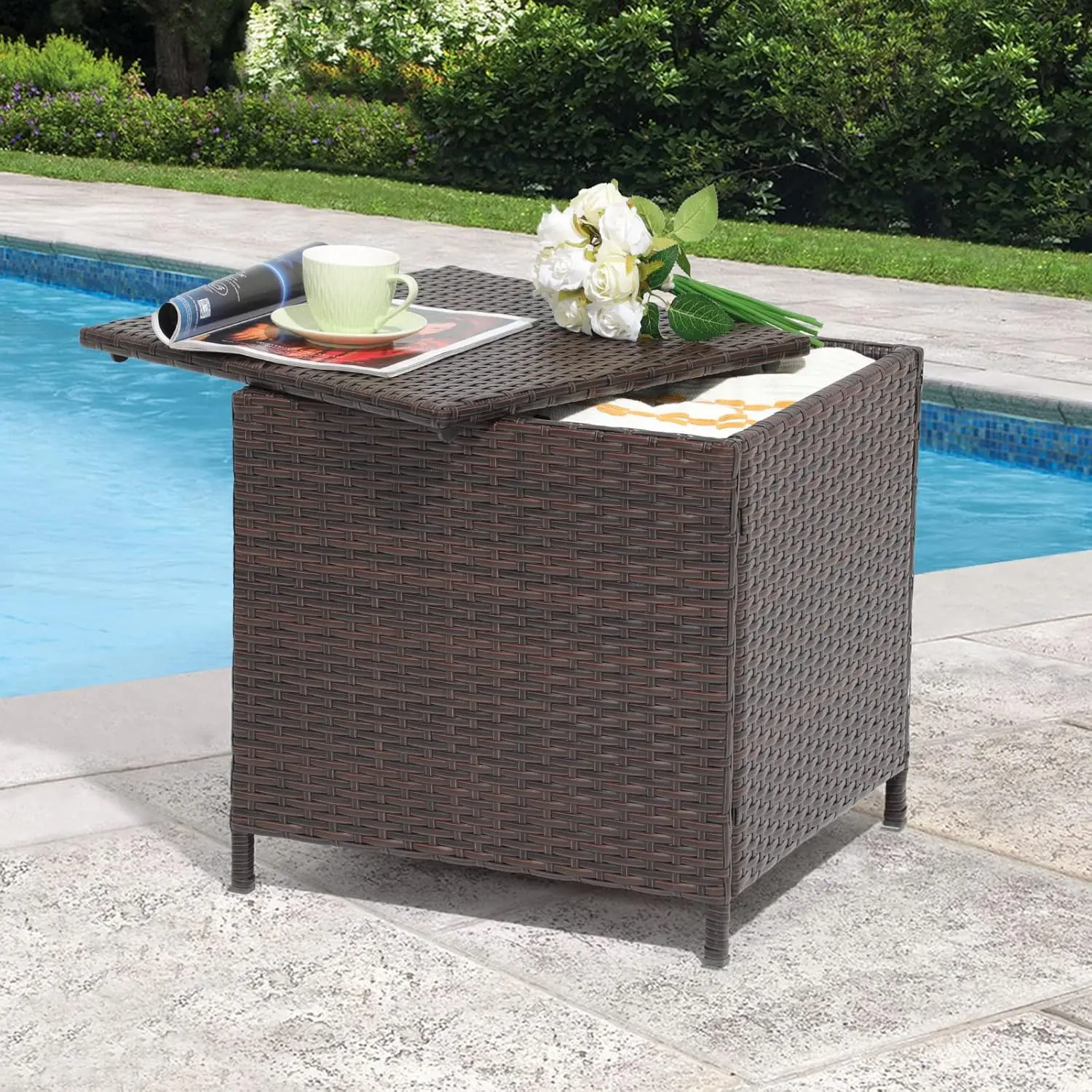 Outdoor Wicker Side Table, Small Storage Rattan Wicker End Table, Square Resin Coffee Table for Garden Porch Deck