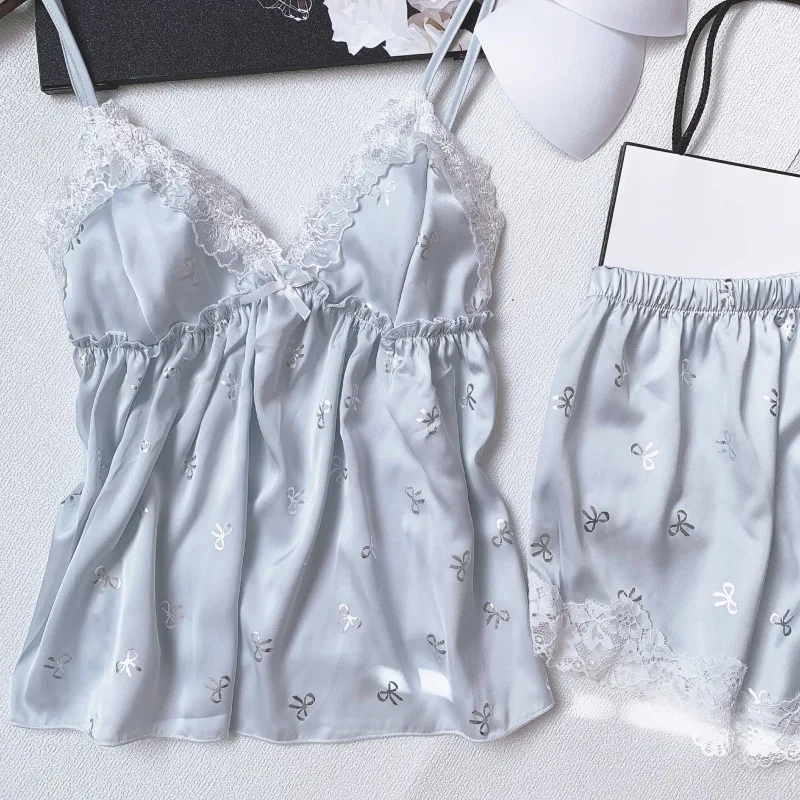 2025 Summer French Style Sleepwear With Chest Pad Women's Strap Shorts Ice Silk Luxury Pajamas
